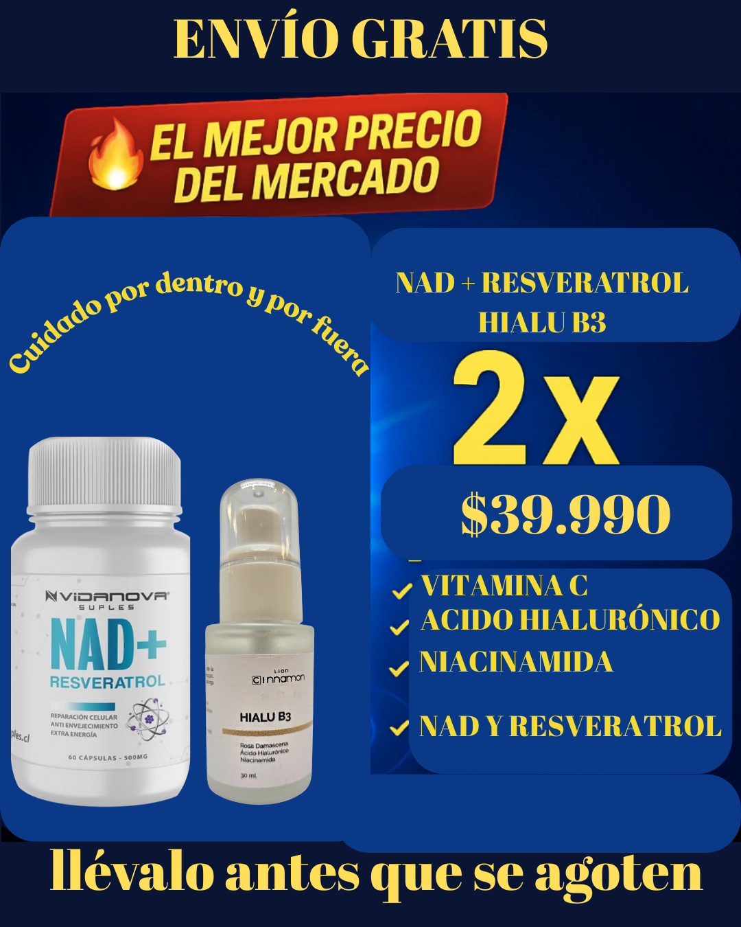 “Energía desde adentro con NAD+. 🌱 Cuidado y luminosidad por fuera con Lian B3. 💧 Tu mejor versión, todos los días.”